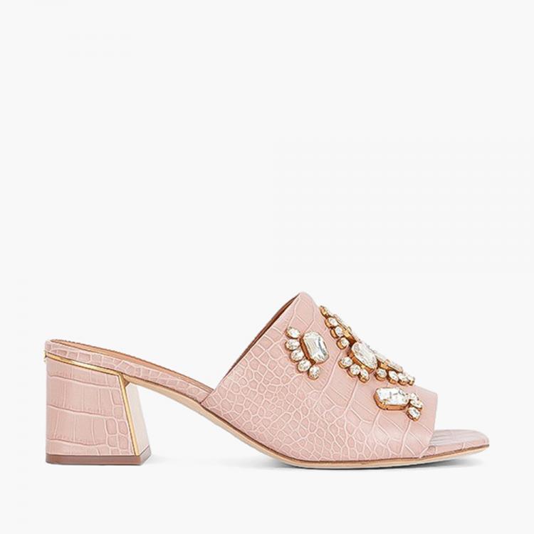 Pre Owned Tory Burch Pink Crocodile Embossed Leather Martine Mules Size EU 40