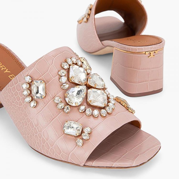 Pre Owned Tory Burch Pink Crocodile Embossed Leather Martine Mules Size EU 40