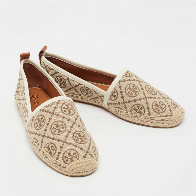 Pre Owned Tory Burch Beige/White Monogram Jacquard Espadrilles Size 37