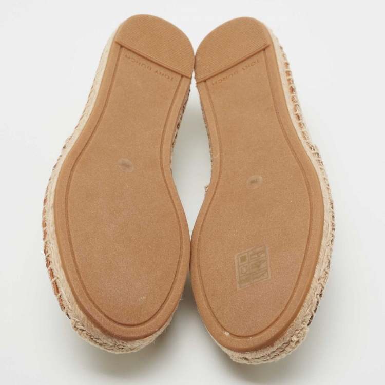 Pre Owned Tory Burch Beige/White Monogram Jacquard Espadrilles Size 37