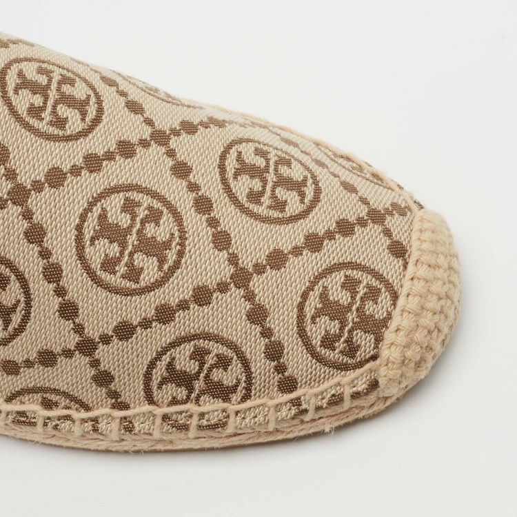 Pre Owned Tory Burch Beige/White Monogram Jacquard Espadrilles Size 37