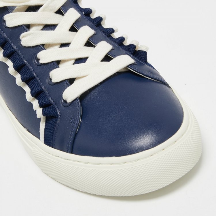 Pre Owned Tory Burch Navy Blue Leather Ruffle Embellishment Sneakers Size 39.5