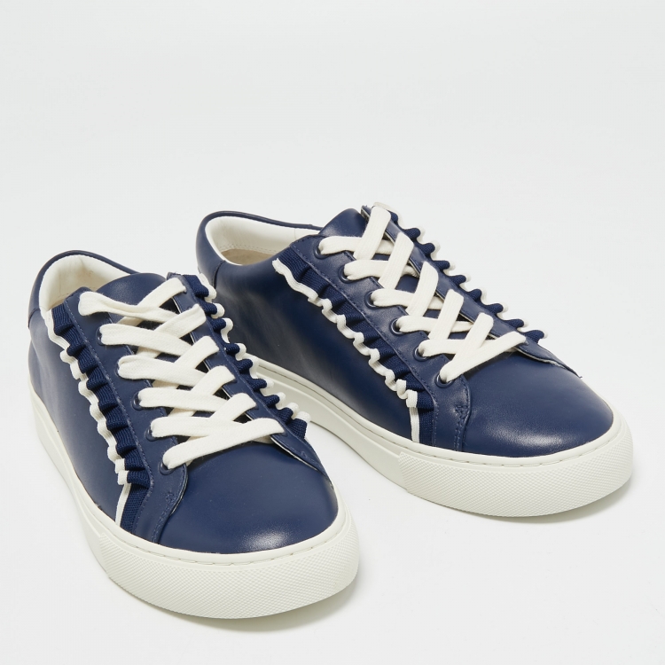 Pre Owned Tory Burch Navy Blue Leather Ruffle Embellishment Sneakers Size 39.5