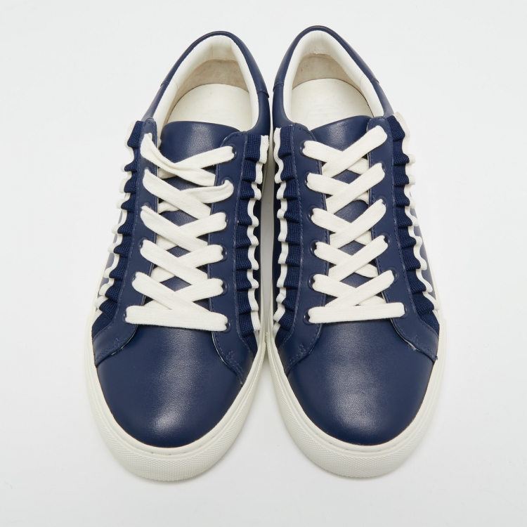 Pre Owned Tory Burch Navy Blue Leather Ruffle Embellishment Sneakers Size 39.5