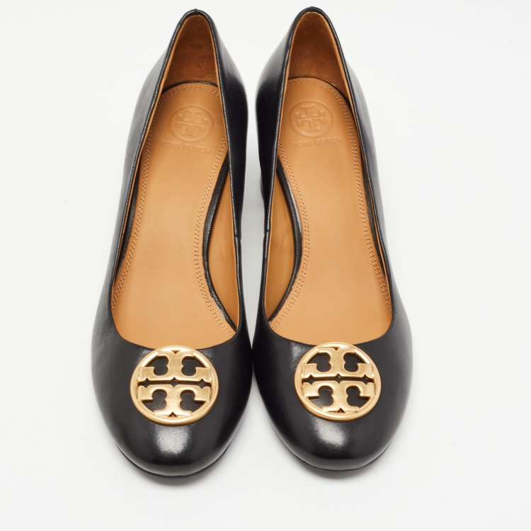 Pre Owned Tory Burch Black Leather Chelsea Block Heels Pumps Size 39