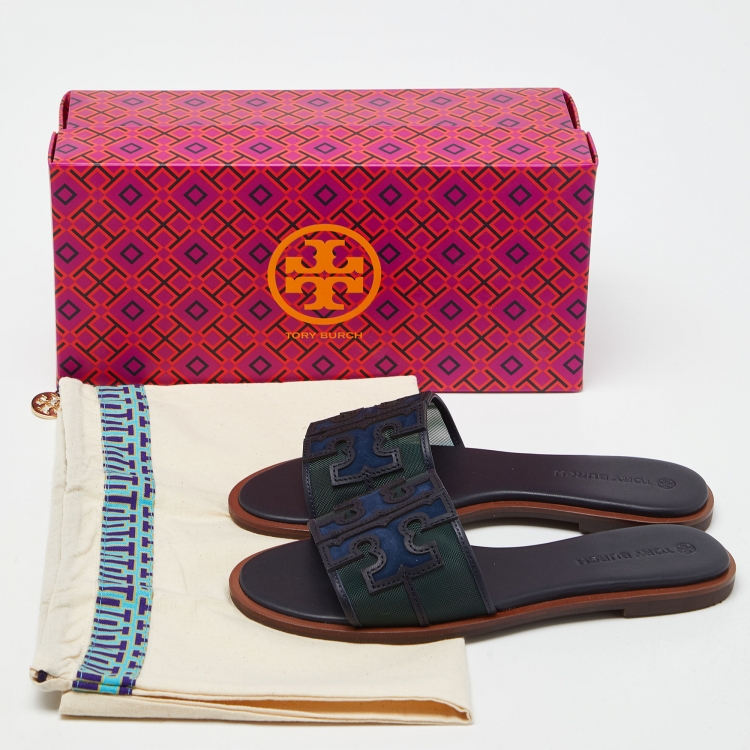 Pre Owned Tory Burch Blue/Green Mesh and Leather Ines Flat Slides Size 36.5