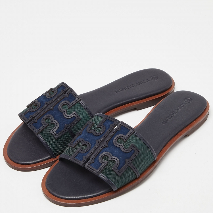 Pre Owned Tory Burch Blue/Green Mesh and Leather Ines Flat Slides Size 36.5