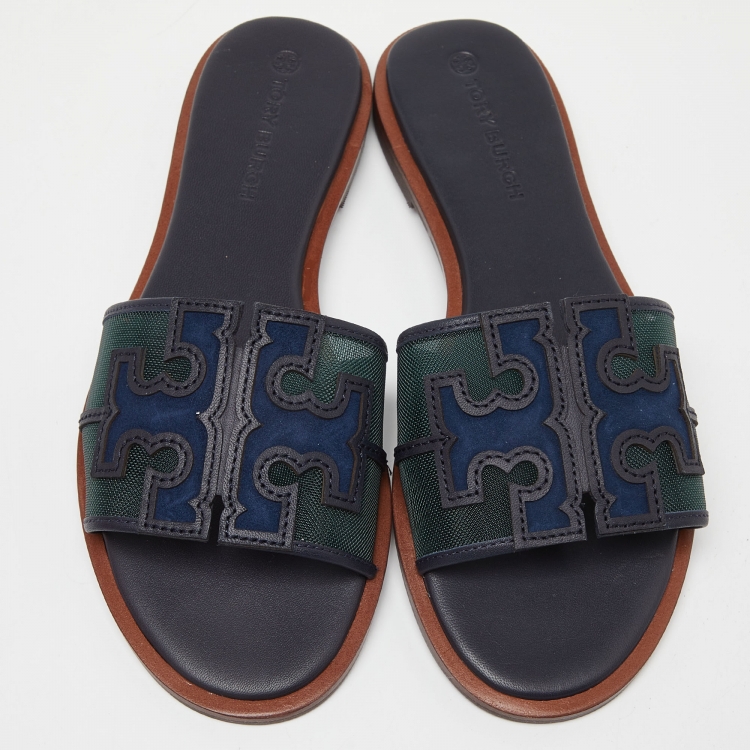 Pre Owned Tory Burch Blue/Green Mesh and Leather Ines Flat Slides Size 36.5