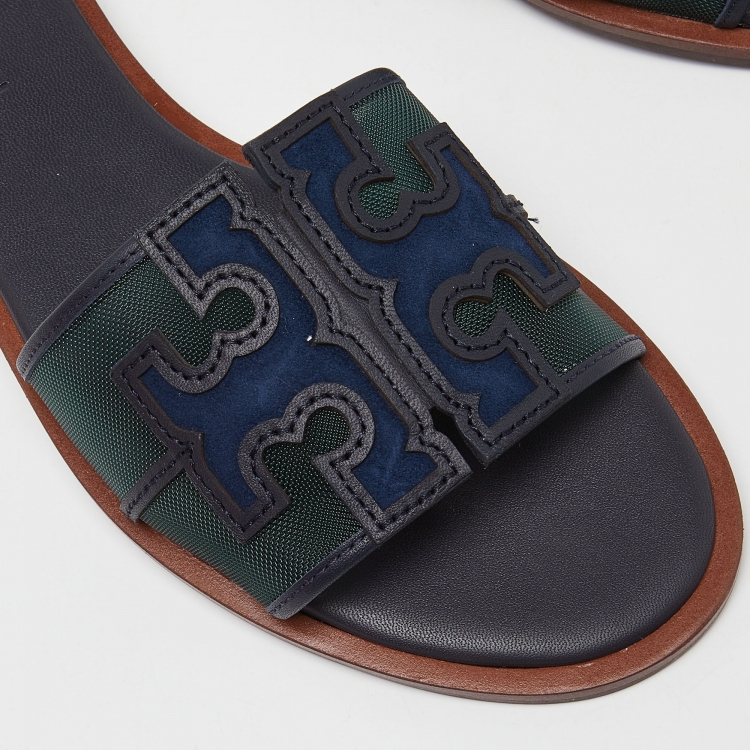 Pre Owned Tory Burch Blue/Green Mesh and Leather Ines Flat Slides Size 36.5