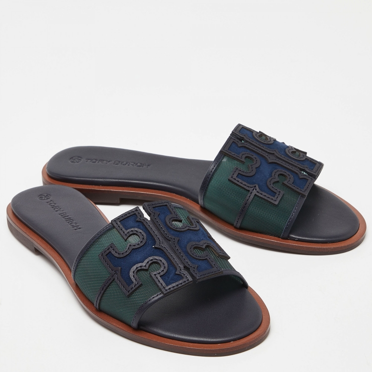 Pre Owned Tory Burch Blue/Green Mesh and Leather Ines Flat Slides Size 36.5