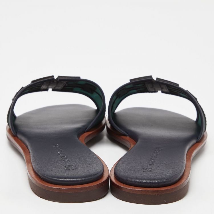 Pre Owned Tory Burch Blue/Green Mesh and Leather Ines Flat Slides Size 36.5