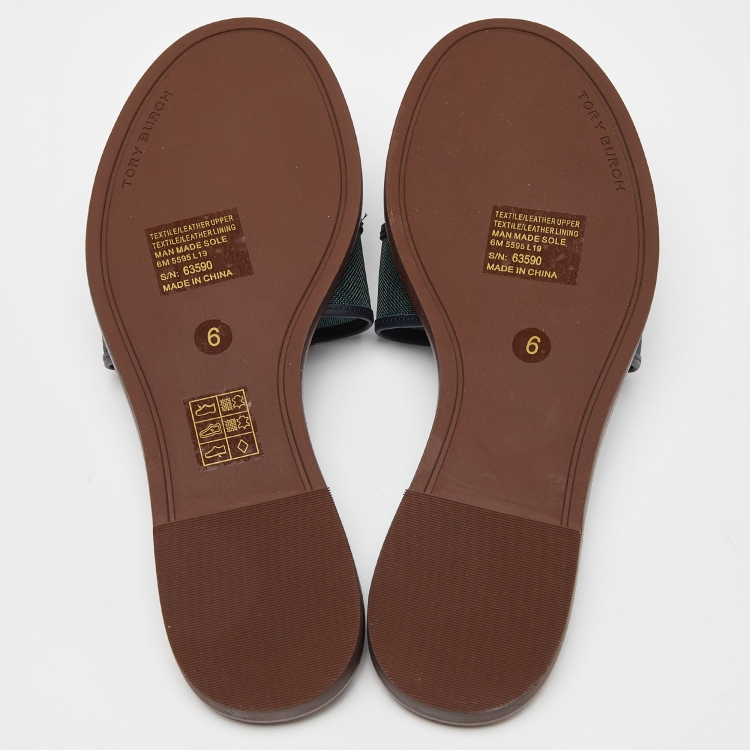 Pre Owned Tory Burch Blue/Green Mesh and Leather Ines Flat Slides Size 36.5