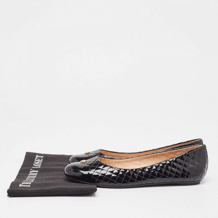 مملوكة مسبقًا Tory Burch Black Quilted Patent Leather Kent Ballet Flats Size 39