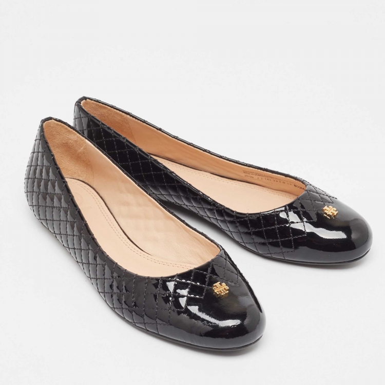 مملوكة مسبقًا Tory Burch Black Quilted Patent Leather Kent Ballet Flats Size 39