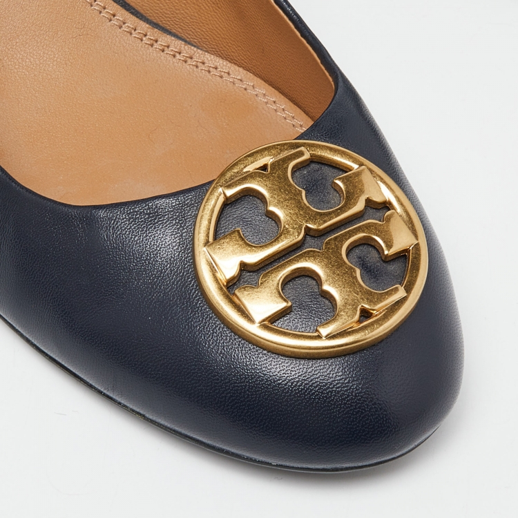 Pre Owned Tory Burch Navy Blue Leather Chelsea Wedge Pumps Size 38