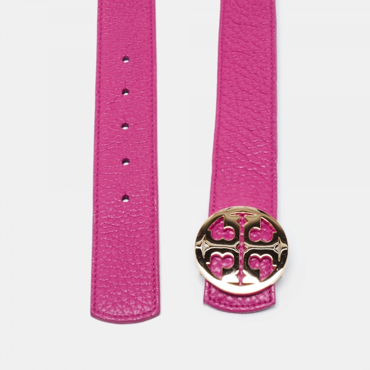 Pre Owned Tory Burch Pink Leather Robinson Buckle Belt 90CM