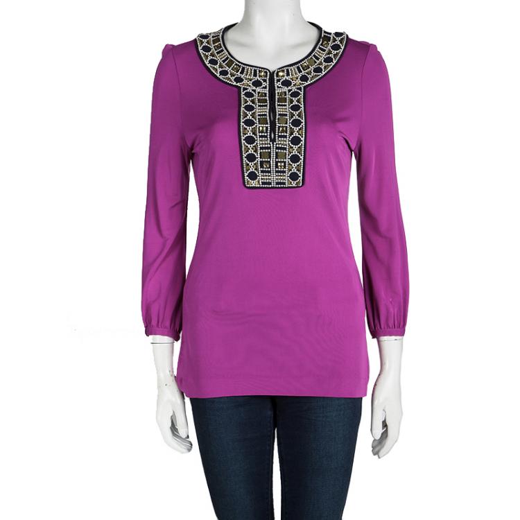 Pre Owned Tory Burch Purple Embellished Neck Detail Long Sleeve Top S