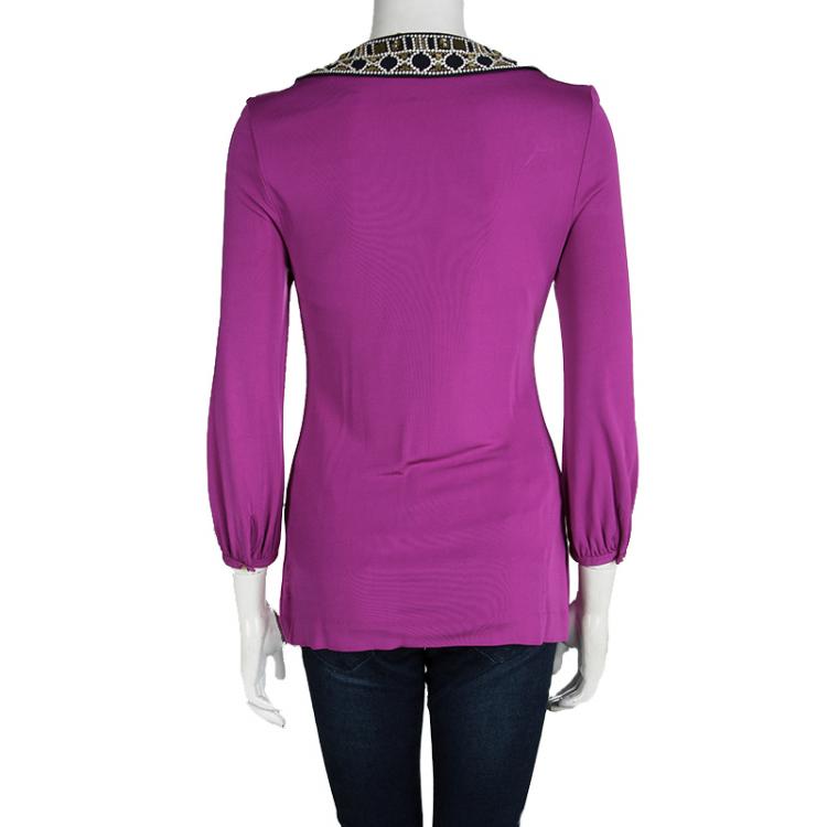 Pre Owned Tory Burch Purple Embellished Neck Detail Long Sleeve Top S