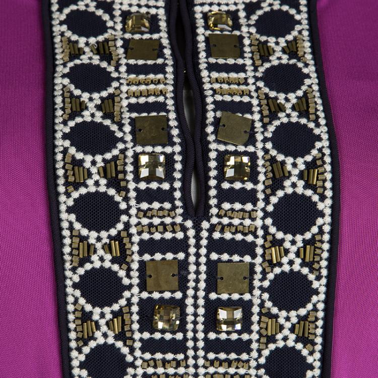 Pre Owned Tory Burch Purple Embellished Neck Detail Long Sleeve Top S