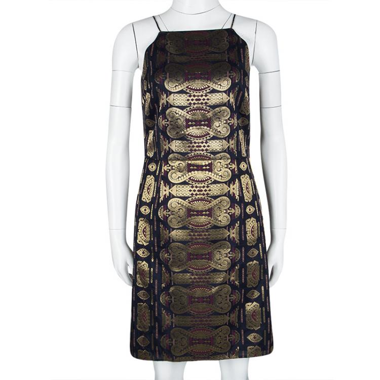 Pre Owned Tory Burch Navy Blue Lurex Jacquard Sleeveless Dress S