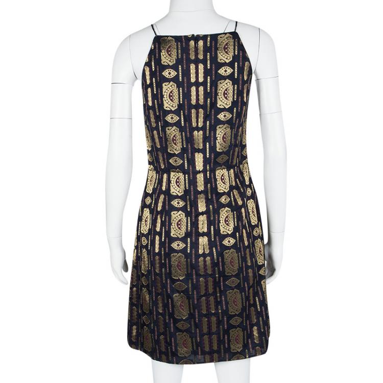 Pre Owned Tory Burch Navy Blue Lurex Jacquard Sleeveless Dress S