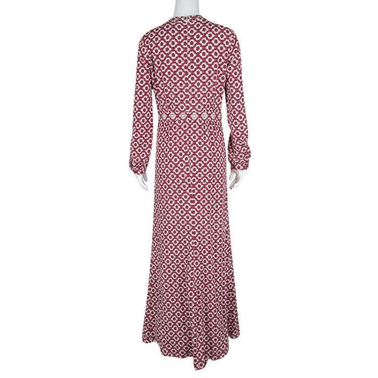 Pre Owned Tory Burch Red Textured Printed Long Sleeve Crystal Embellished Maxi Dress S