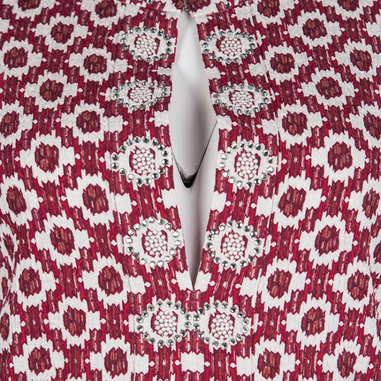 Pre Owned Tory Burch Red Textured Printed Long Sleeve Crystal Embellished Maxi Dress S