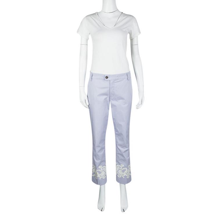 Pre Owned Tory Burch Purple Cotton Embroidered Hem Detail Straight Fit Pants M