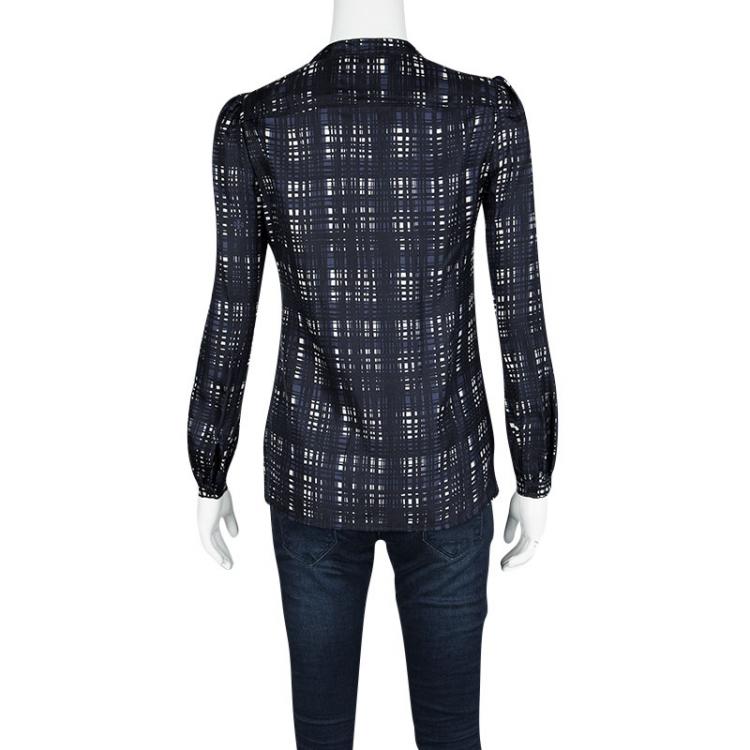 Pre Owned Tory Burch Navy Blue and White Checked Silk Long Sleeve Blouse XS