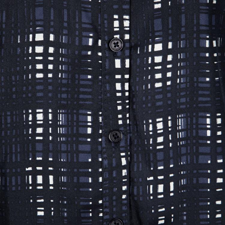 Pre Owned Tory Burch Navy Blue and White Checked Silk Long Sleeve Blouse XS