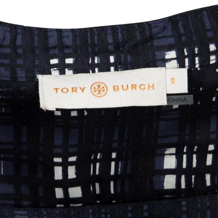 Pre Owned Tory Burch Navy Blue and White Checked Silk Long Sleeve Blouse XS