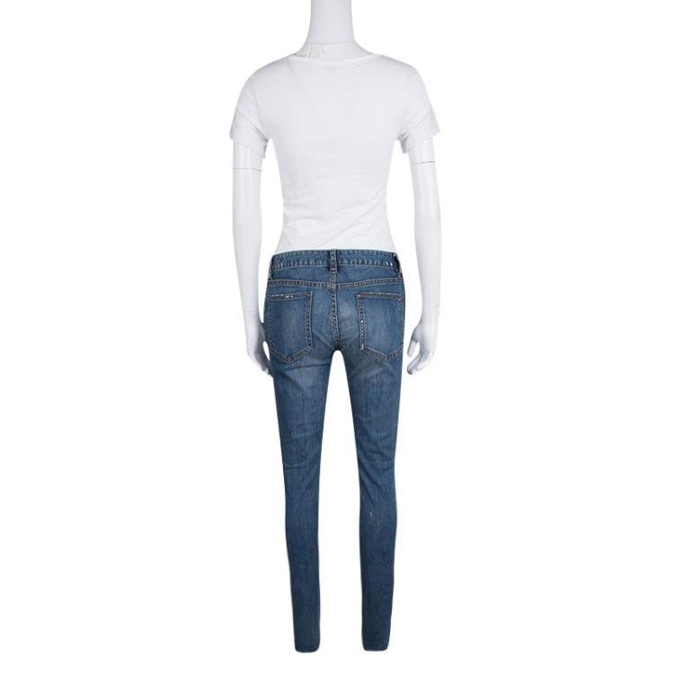 Pre Owned Tory Burch Indigo Faded Effect Foil Print Detail Distressed Jeans M