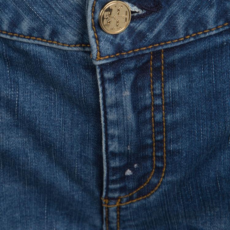 Pre Owned Tory Burch Indigo Faded Effect Foil Print Detail Distressed Jeans M