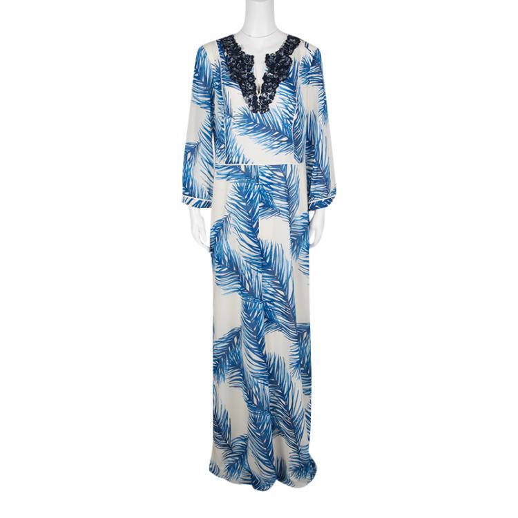 Tory Burch White and Blue Feather Print Sequin Embellished Silk Maxi Dress  L Tory Burch | TLC