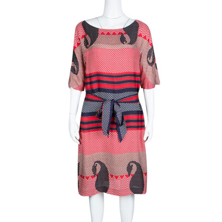 Pre Owned Tory Burch Multicolor Printed Silk Belted Dress L