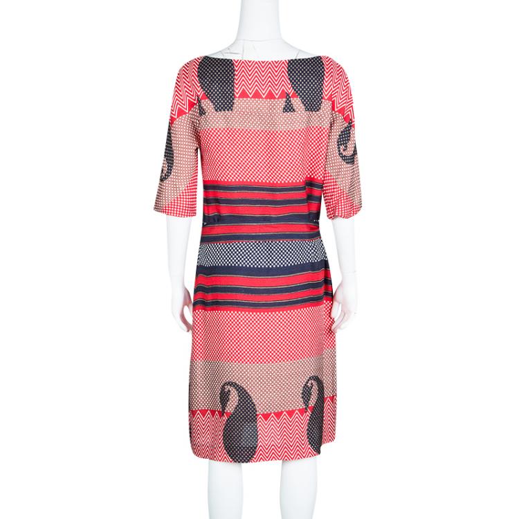 Pre Owned Tory Burch Multicolor Printed Silk Belted Dress L