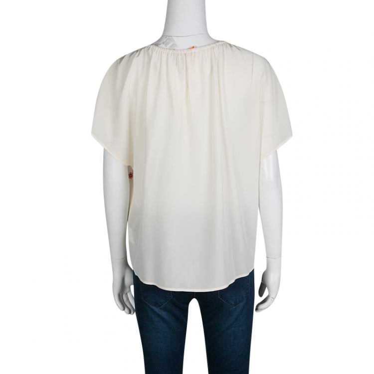 Pre Owned Tory Burch Cream Embellished Embroidered Tie Detail Silk Top M