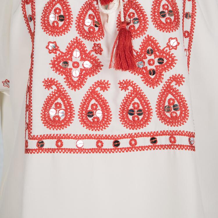 Pre Owned Tory Burch Cream Embellished Embroidered Tie Detail Silk Top M