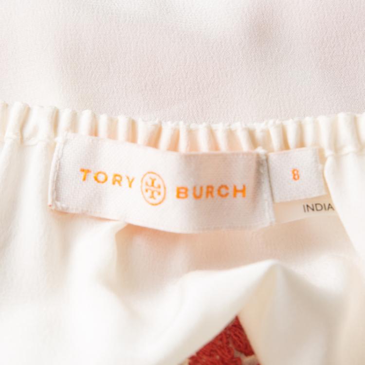 Pre Owned Tory Burch Cream Embellished Embroidered Tie Detail Silk Top M