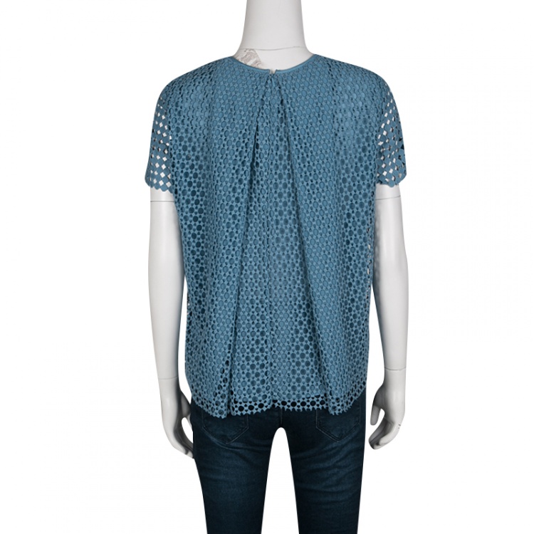 Pre Owned Tory Burch Blue Crescent Guipure Lace Short Sleeve Top S