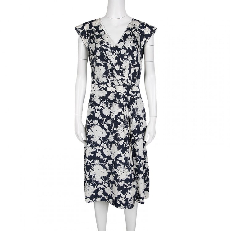 Tory Burch Navy Blue and White Floral Printed Cap Sleeve Victoria Dress M Tory  Burch | TLC