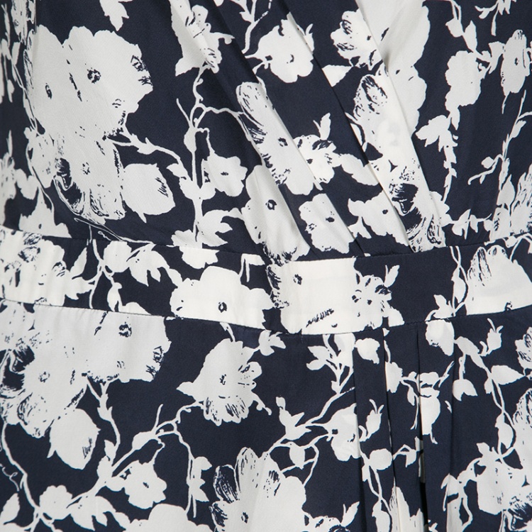 Pre Owned Tory Burch Navy Blue and White Floral Printed Cap Sleeve Victoria Dress M