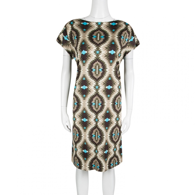 Pre Owned Tory Burch Multicolor Geometric Print Silk Boat Neck Dress M
