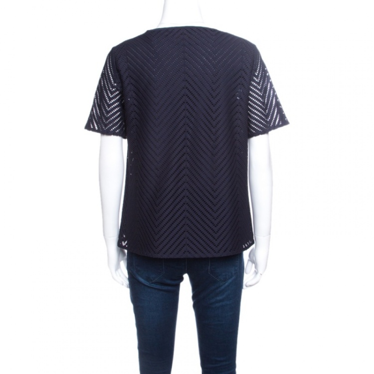 Pre Owned Tory Burch Navy Blue Cutout Zigzag Pattern Short Sleeve Lace Top S
