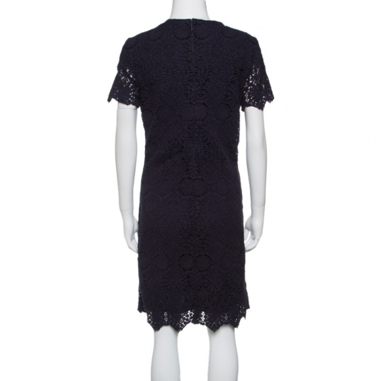 Pre Owned Tory Burch Navy Blue Floral Embroidered Lace Short Sleeves Dress M