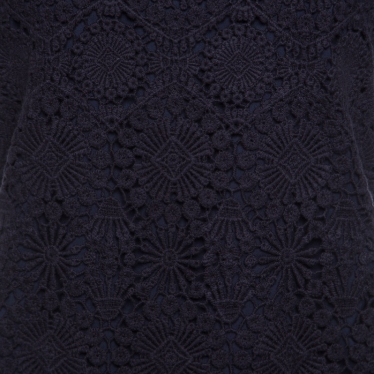 Pre Owned Tory Burch Navy Blue Floral Embroidered Lace Short Sleeves Dress M