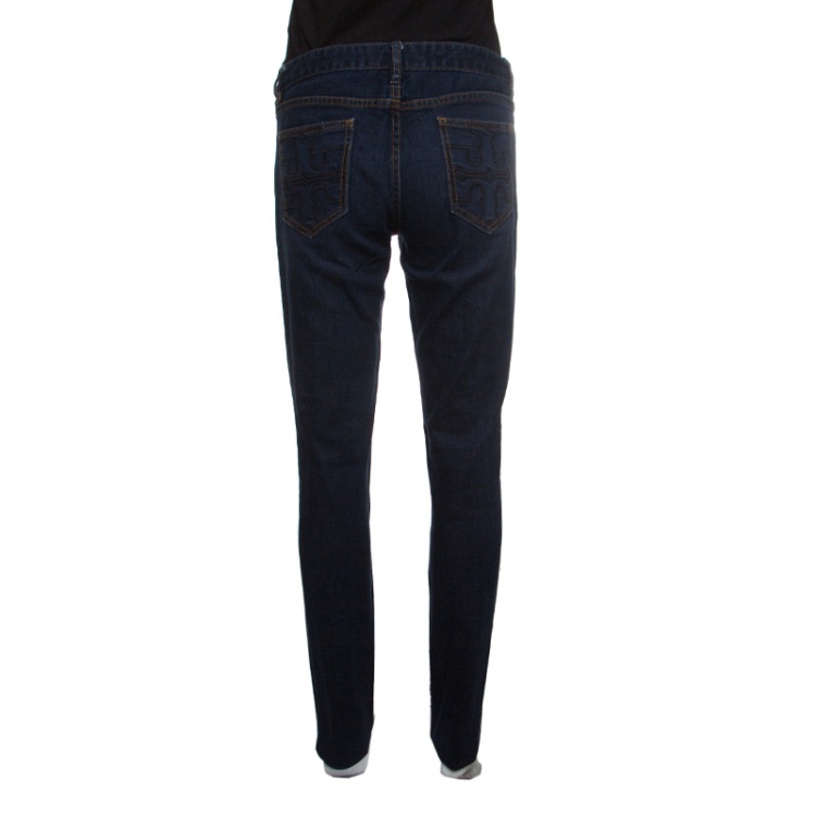 Pre Owned Tory Burch Indigo Dark Wash Denim Logo Embroidered Super Skinny Jeans M