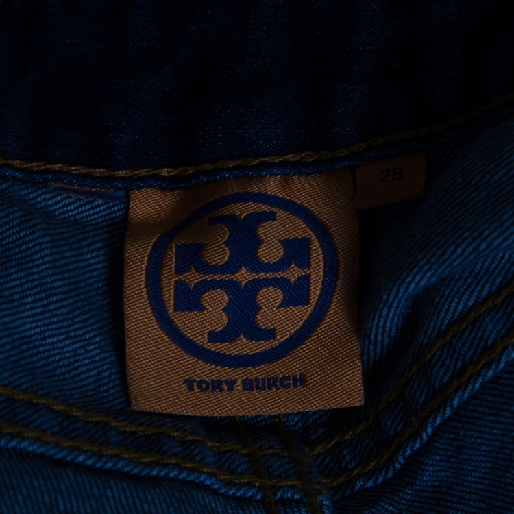 Pre Owned Tory Burch Indigo Dark Wash Denim Logo Embroidered Super Skinny Jeans M