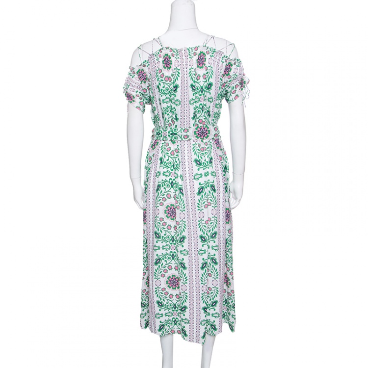Pre Owned Tory Burch Floral Garden Party Printed Silk Belted Asilomar Midi Dress S