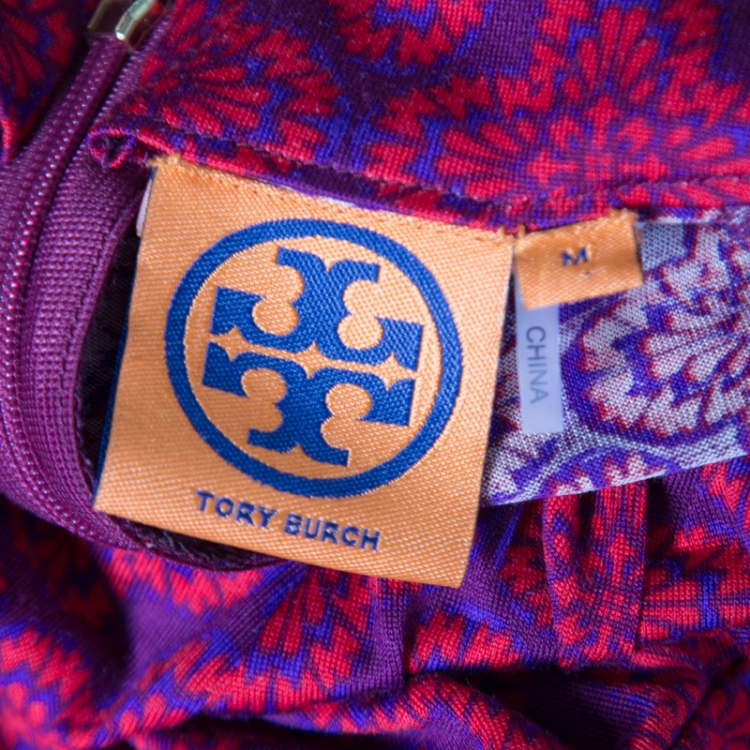 Pre Owned Tory Burch Purple and Red Floral Printed Silk Jersey Pleated Cap Sleeve Dress M